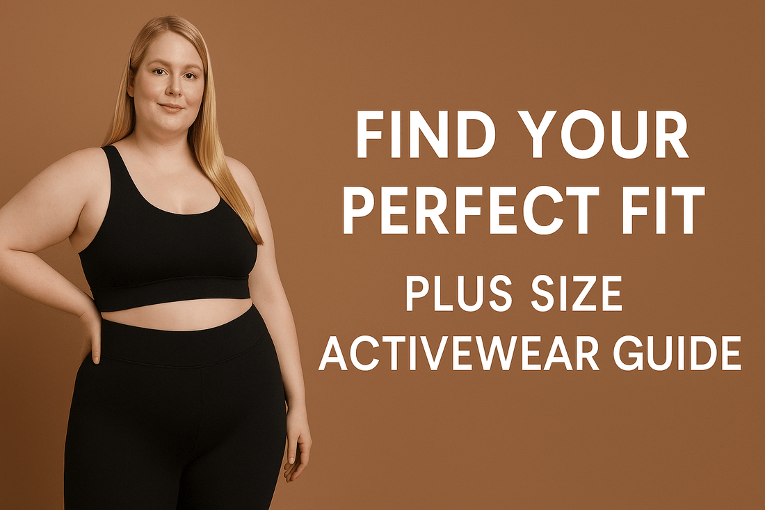 The Ultimate Plus Size Activewear Fit Guide featuring a model in high-waisted leggings and a sports bra.
