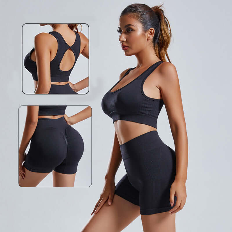 2-piece seamless yoga set for women featuring a supportive sports vest and high-waist shorts in black.