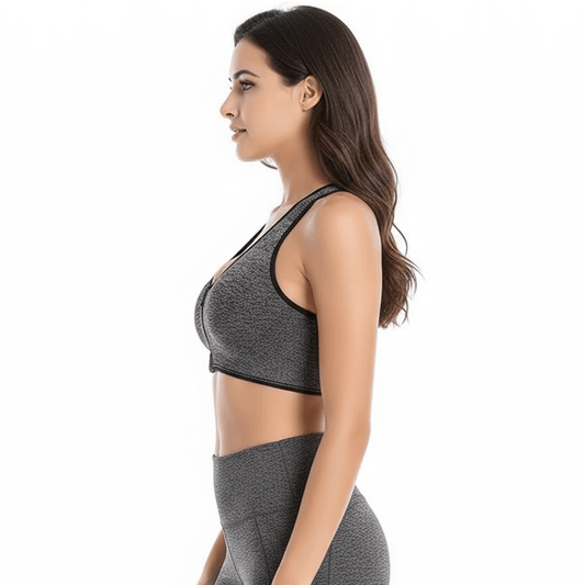 Women's Front Zipper Sports Bra – Supportive & Breathable Fit shown from the side, highlighting the supportive design.