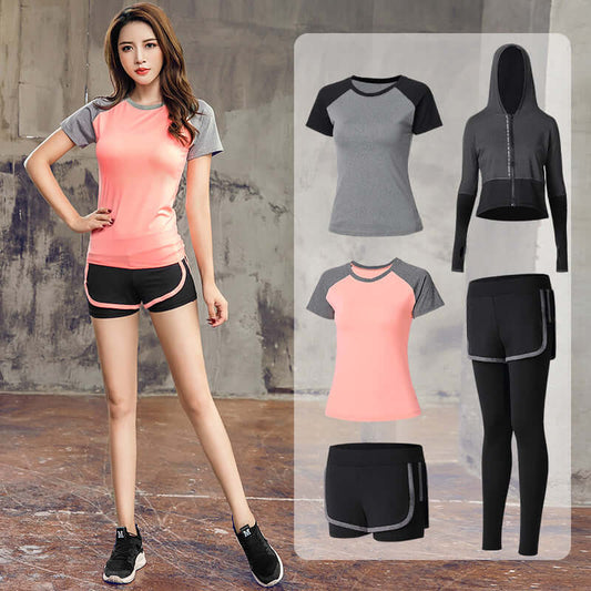 5-Piece Women’s Activewear Set – Sports Bra, Tops, Jacket, Shorts & Leggings displayed with a model showcasing the outfit.