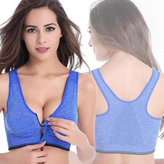 Black Front-Zip Sports Bra – Supportive, Breathable Fit shown in blue, featuring a front zipper and comfortable design.