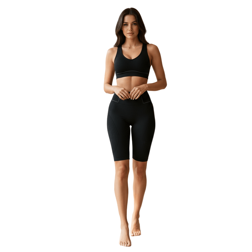 Seamless High-Waist Fifth Yoga Pants – Hip-Lifting Peach Fit model wearing black activewear, showcasing comfort and style.