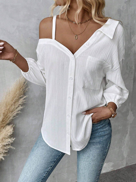 White Asymmetric Collar Blouse – Casual & Chic Street Style, Shop Women’s Activewear Australia at Layna.com.au