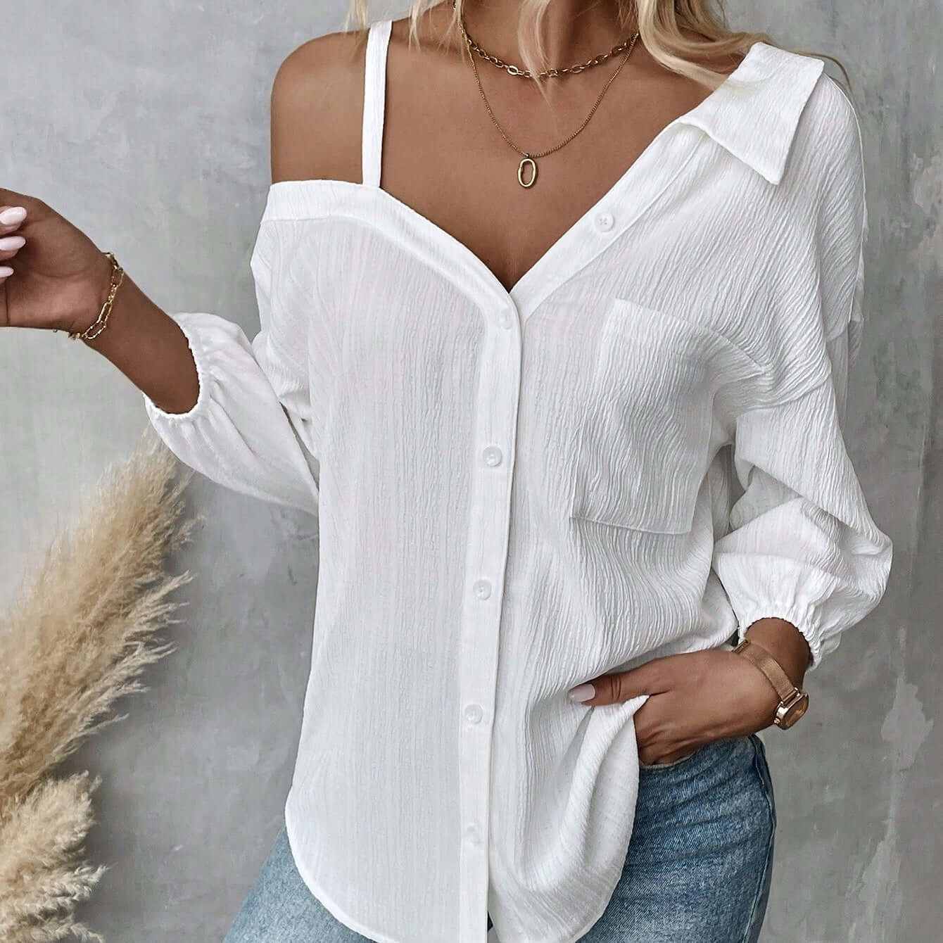 White Asymmetric Collar Blouse – Casual & Chic Street Style, Shop Women’s Activewear Australia at Layna.com.au
