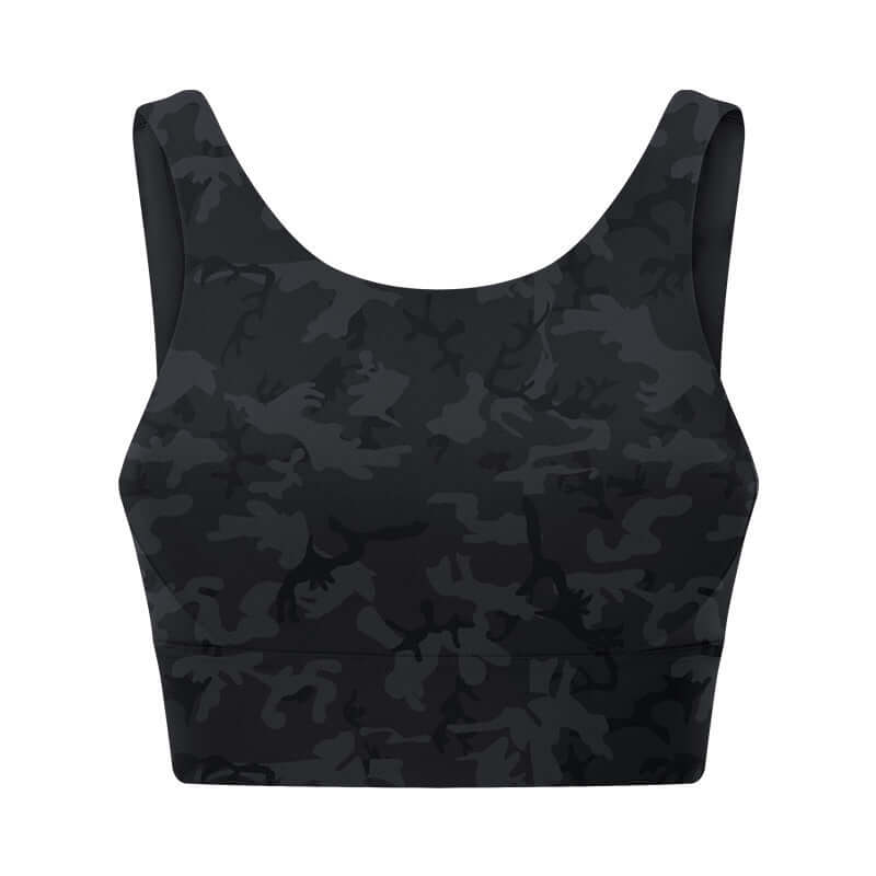 Black No-Bounce Sports Bra – Shockproof, Beauty Back Design - stylish camo design for high support and comfort.
