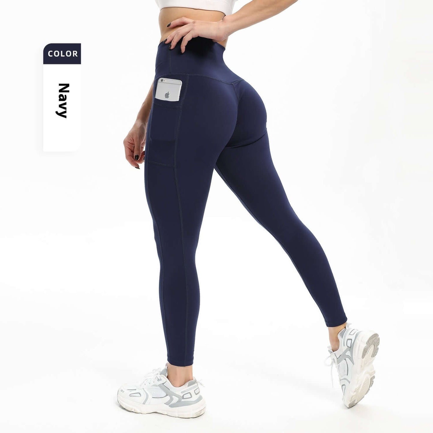 Black Slim-Fit Yoga Pants – High-Waisted with Pockets in navy color, perfect for training and everyday wear.
