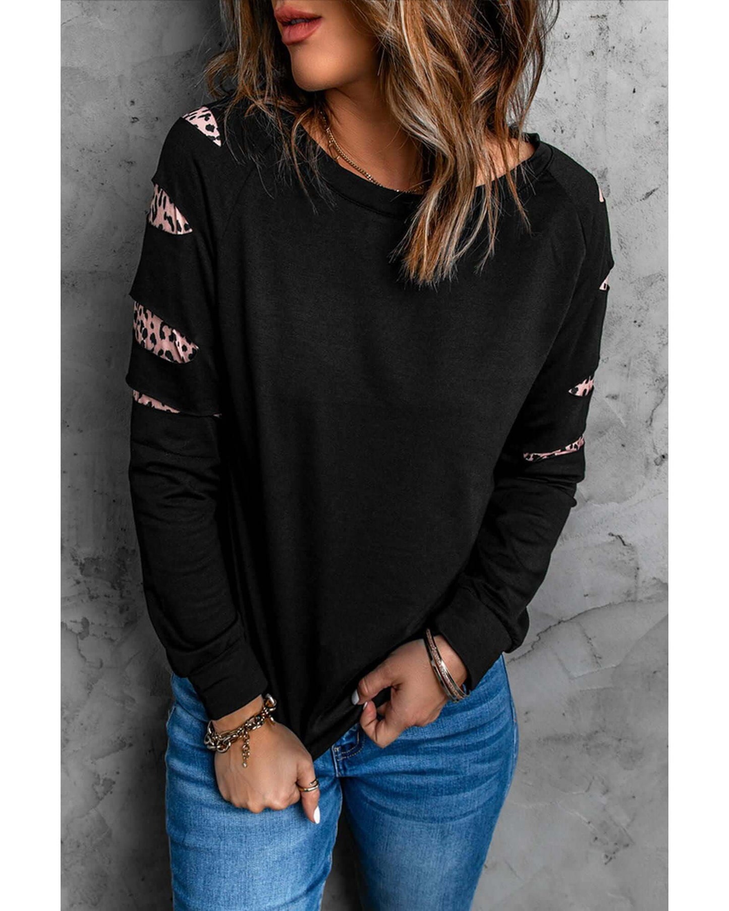 Azura Exchange Black Sweatshirt featuring stylish leopard print detail, perfect activewear for any adventure.
