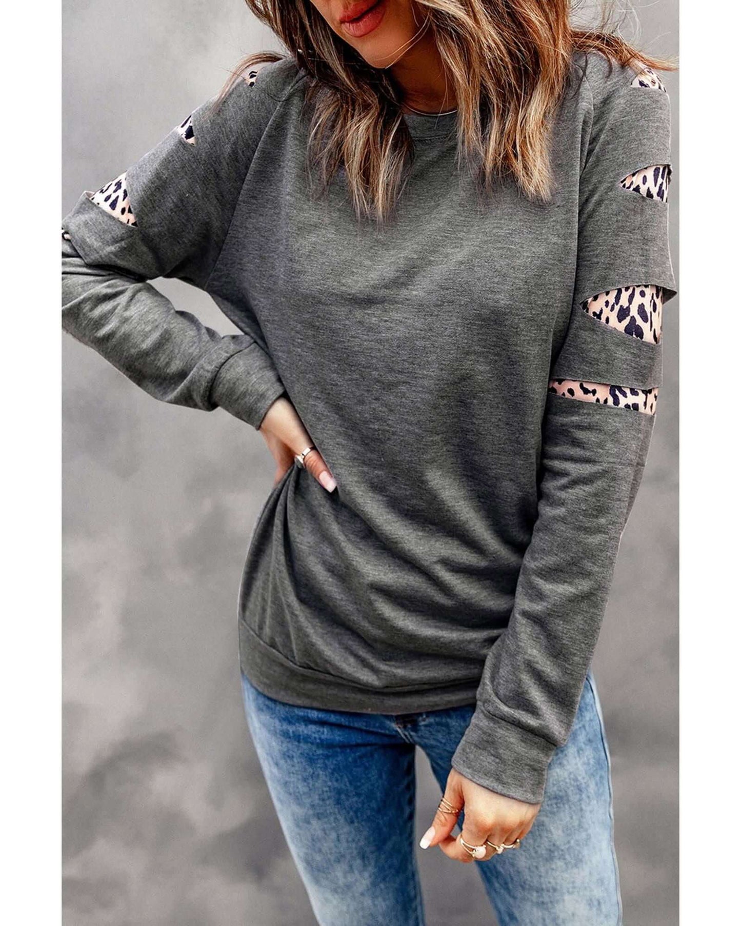 Women's casual Azura Exchange gray sweatshirt with unique leopard insert detailing for stylish comfort.