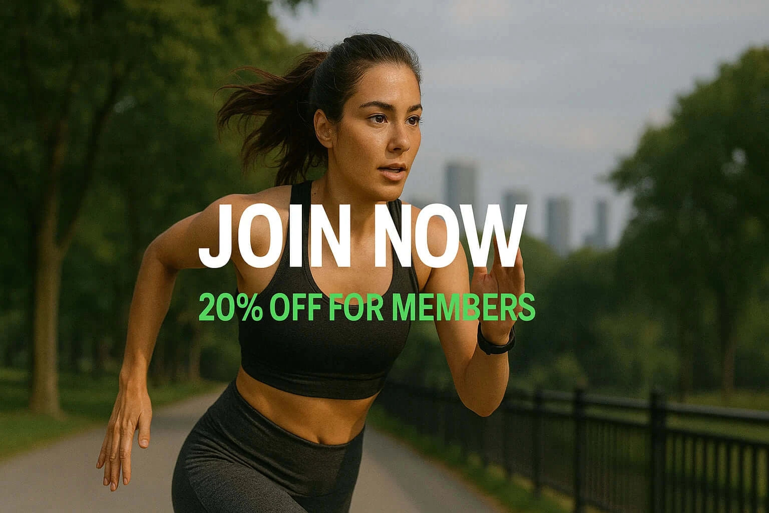 Activewear promotion featuring a woman running in sports bra and leggings, encouraging membership sign-ups with discount.