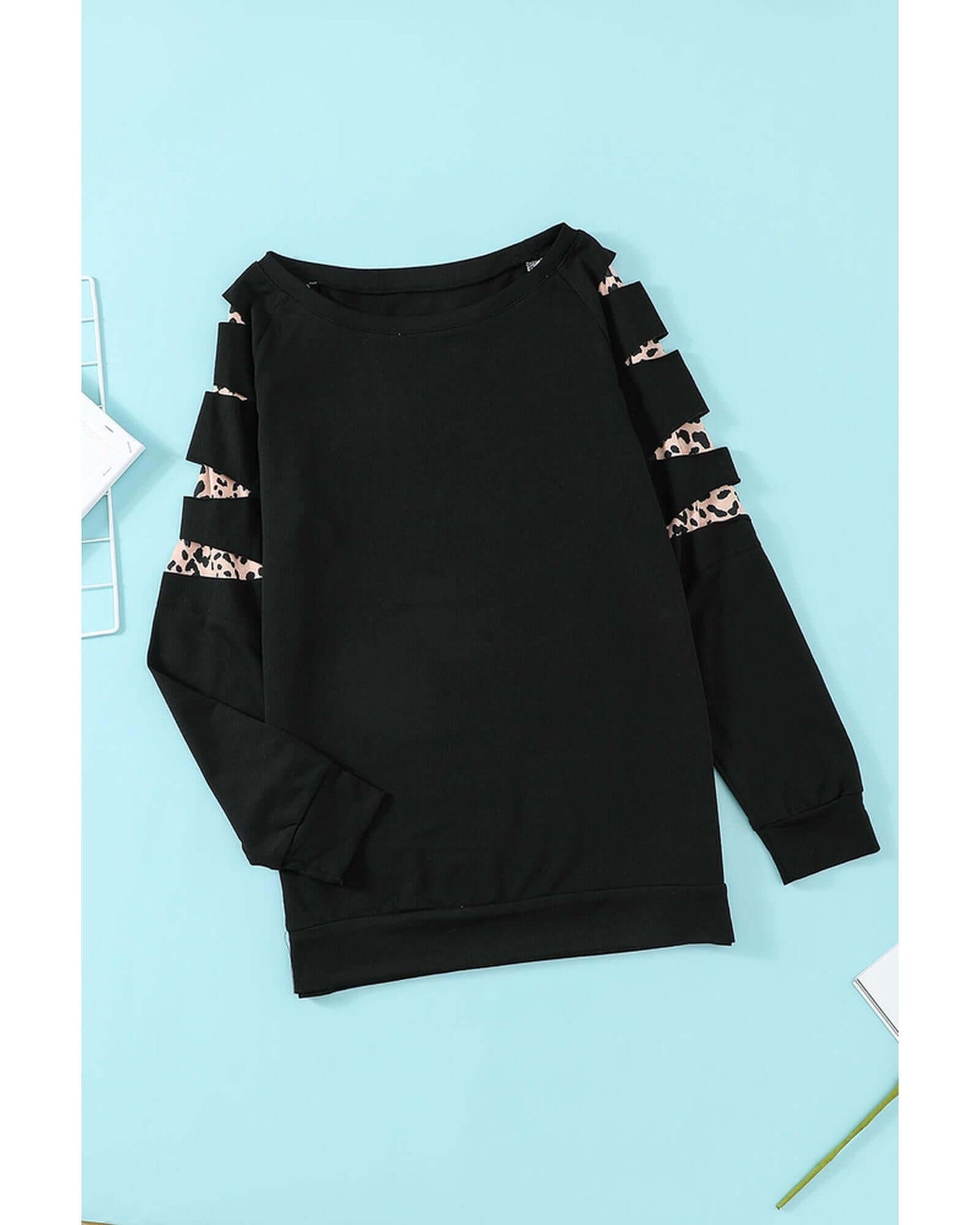 Azura Exchange Black Sweatshirt with leopard print detailing, perfect activewear for style and comfort.