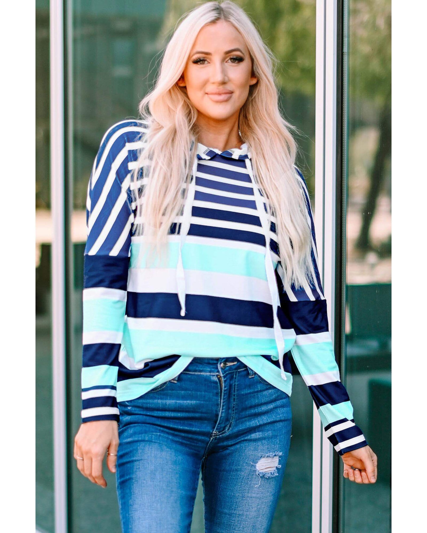 Women's casual Azura Exchange Striped Drawstring Hoodie, featuring vibrant stripes and cozy fit, perfect for any adventure.