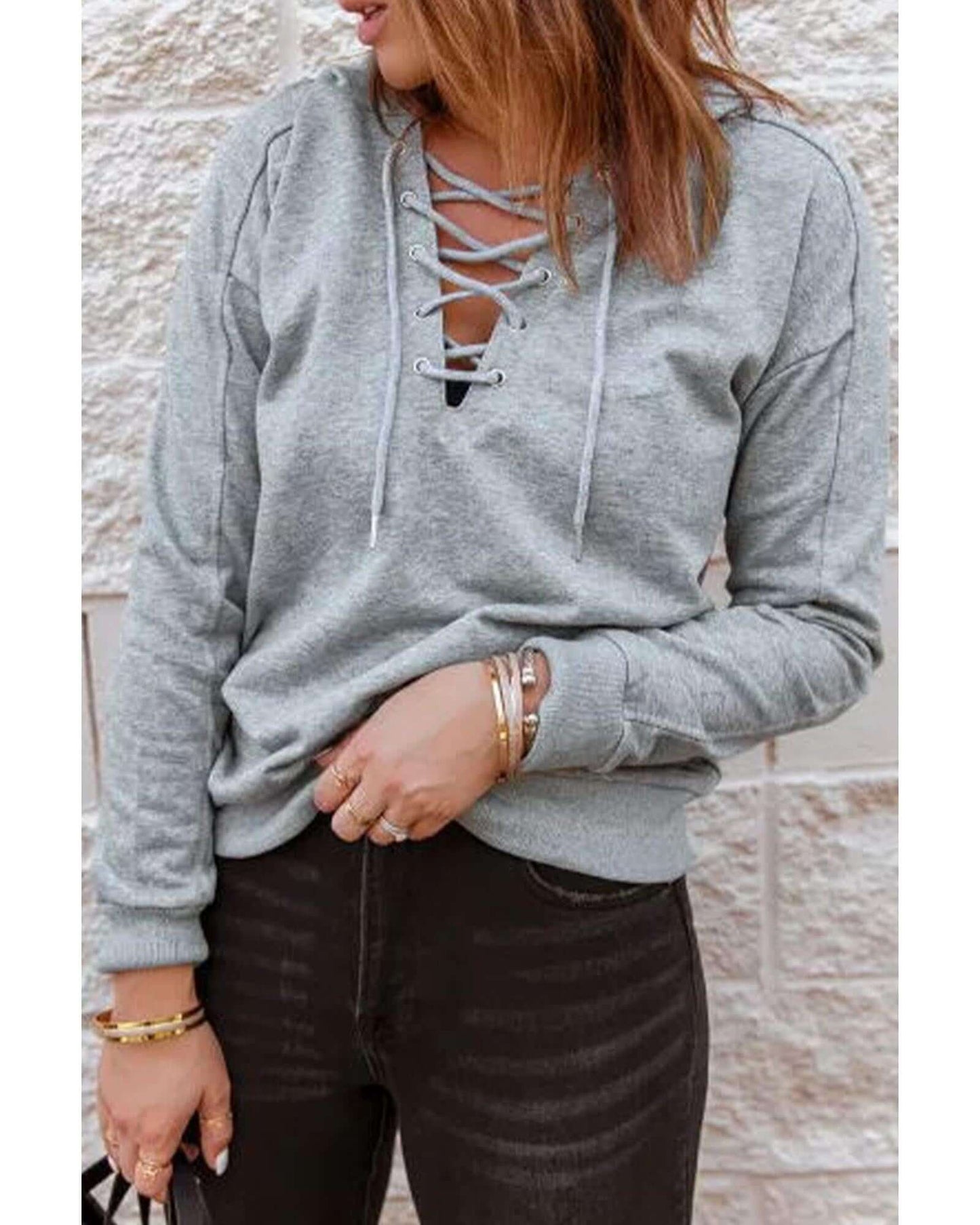 Women's casual Azura Exchange Lace-up Grey Hoodie, blending style and comfort effortlessly for everyday wear.