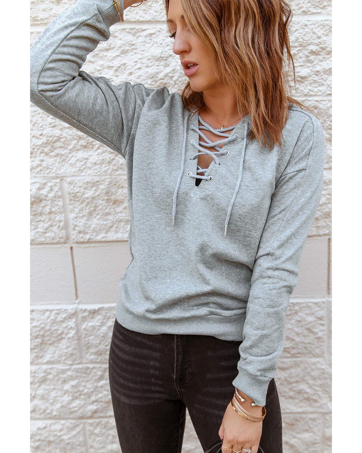 Azura Exchange women's grey casual hoodie with lace-up detail for stylish comfort at Layna.com.au.