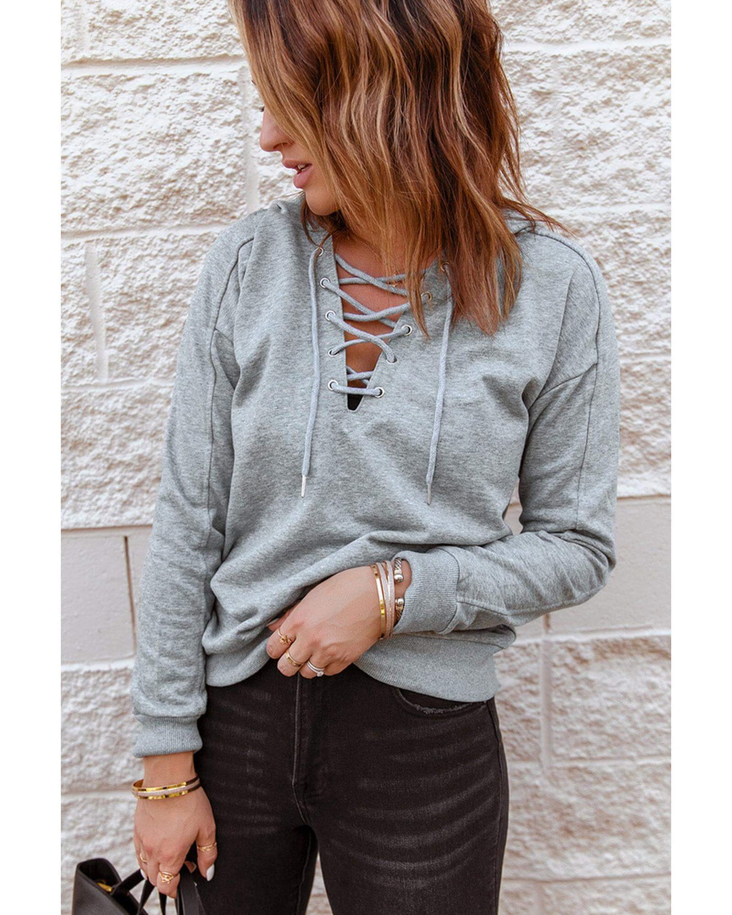 Women's casual Azura Exchange grey hoodie with lace-up detail, perfect for everyday style and comfort.