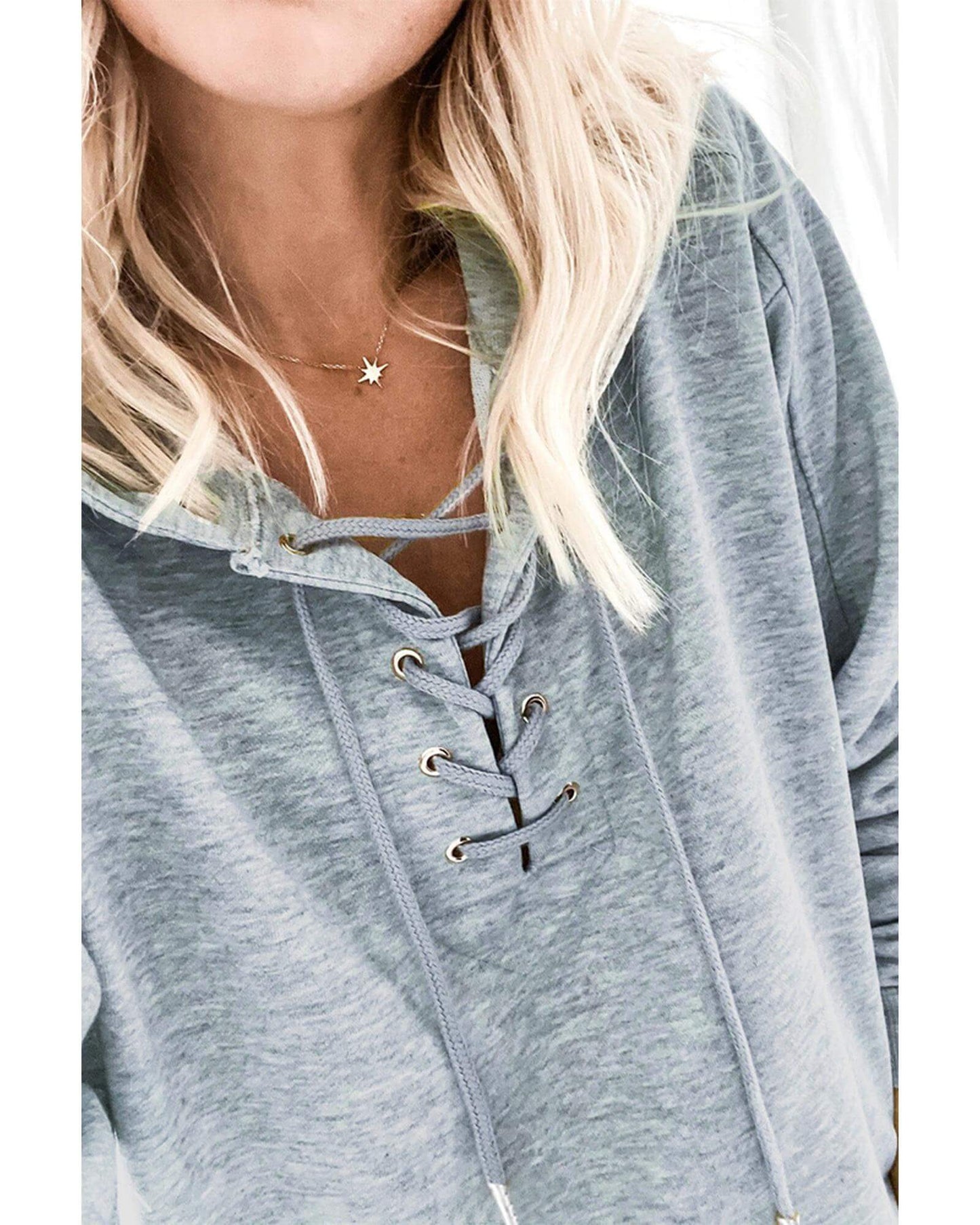 Women's casual Azura Exchange grey hoodie featuring a trendy lace-up detail, perfect for stylish comfort.