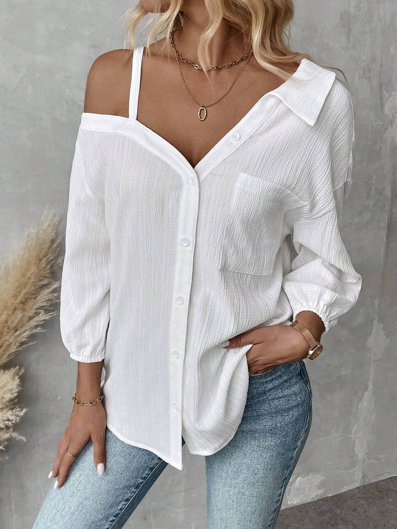 White Asymmetric Collar Blouse – Casual & Chic Street Style, Shop Women’s Activewear Australia at Layna.com.au