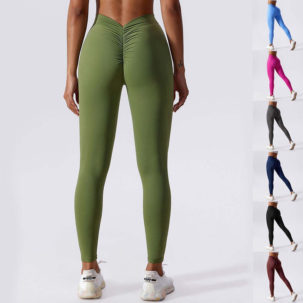 Back view of women's Peach Lift Yoga Leggings in green, showcasing hip-lifting design, perfect for activewear and workouts.