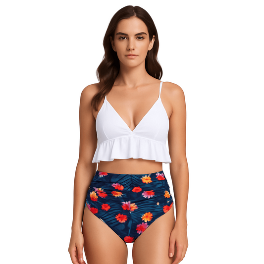 Fashion Printed Ruffle Swimsuit – Women’s Swimwear model featuring vibrant floral prints and a chic white ruffle top.