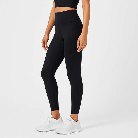 Black Contrast Yoga Pants – Sculpting, High-Waist Fit featuring a high-waisted design and sleek black fabric.