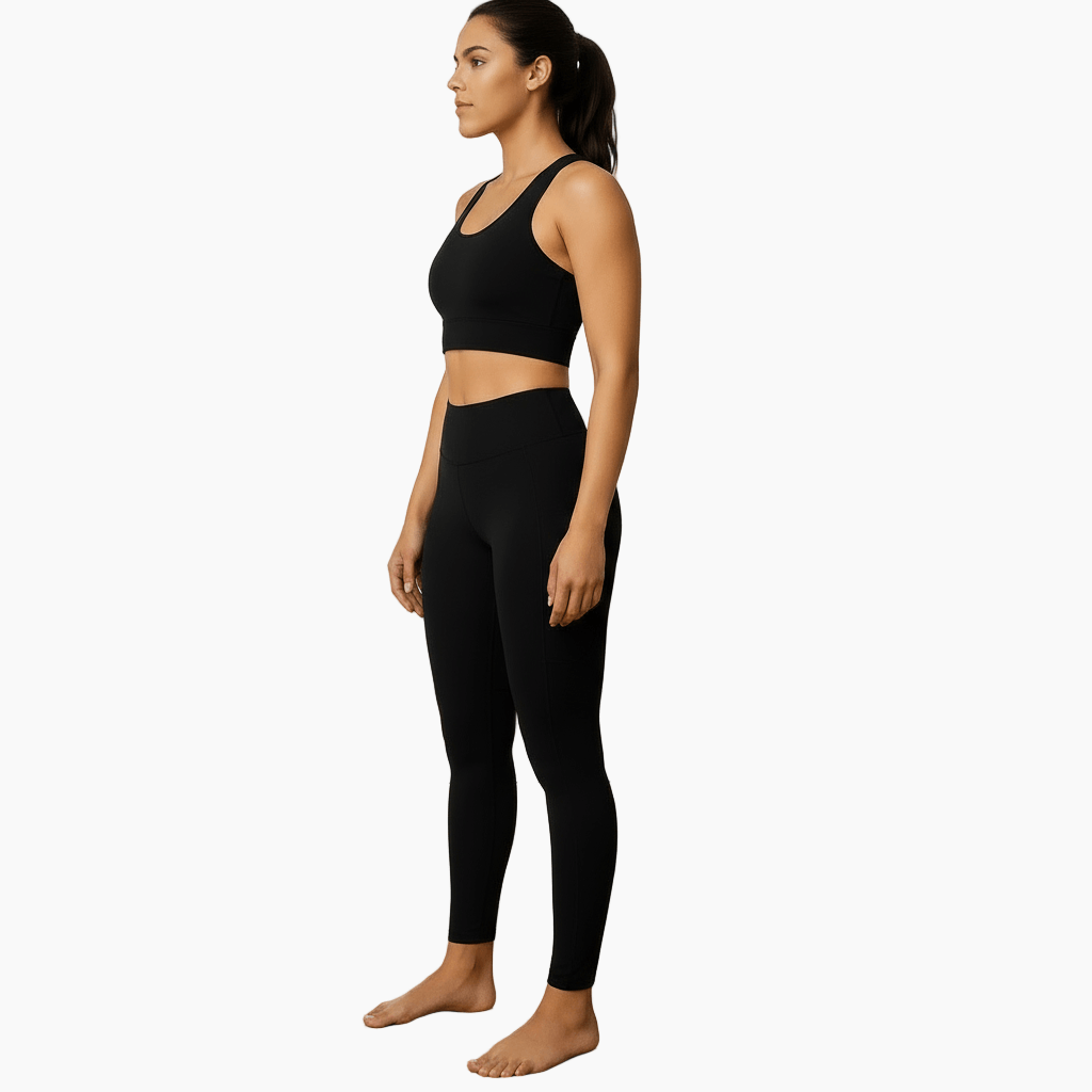 Black No-Bounce Sports Bra – Shockproof, Beauty Back Design paired with Layna Active leggings.