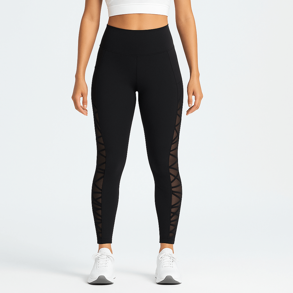 Black Plus Size Compression Leggings – Mesh, Sculpting Fit worn by a model showcasing breathable comfort and sleek design.