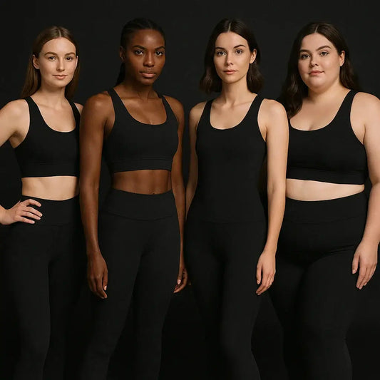 Layna Activewear in the Press — Redefining Inclusive Performance Wear featuring diverse models in matching black activewear.