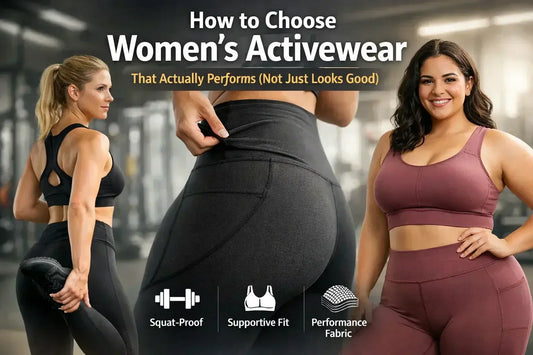 How to Choose Women’s Activewear That Actually Performs (Not Just Looks Good) featuring models in leggings and sports bras.