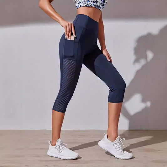 3/4 Color-Contrast Slim Leggings – High-Rise Belly Support shown in navy, featuring a pocket and breathable fabric.