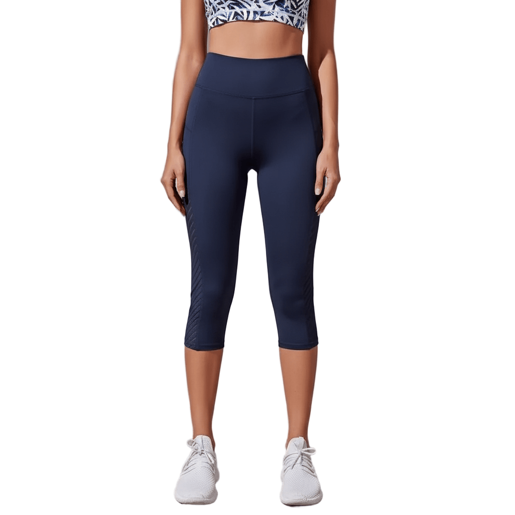 3/4 Color-Contrast Slim Leggings – High-Rise Belly Support in navy with a stylish design.