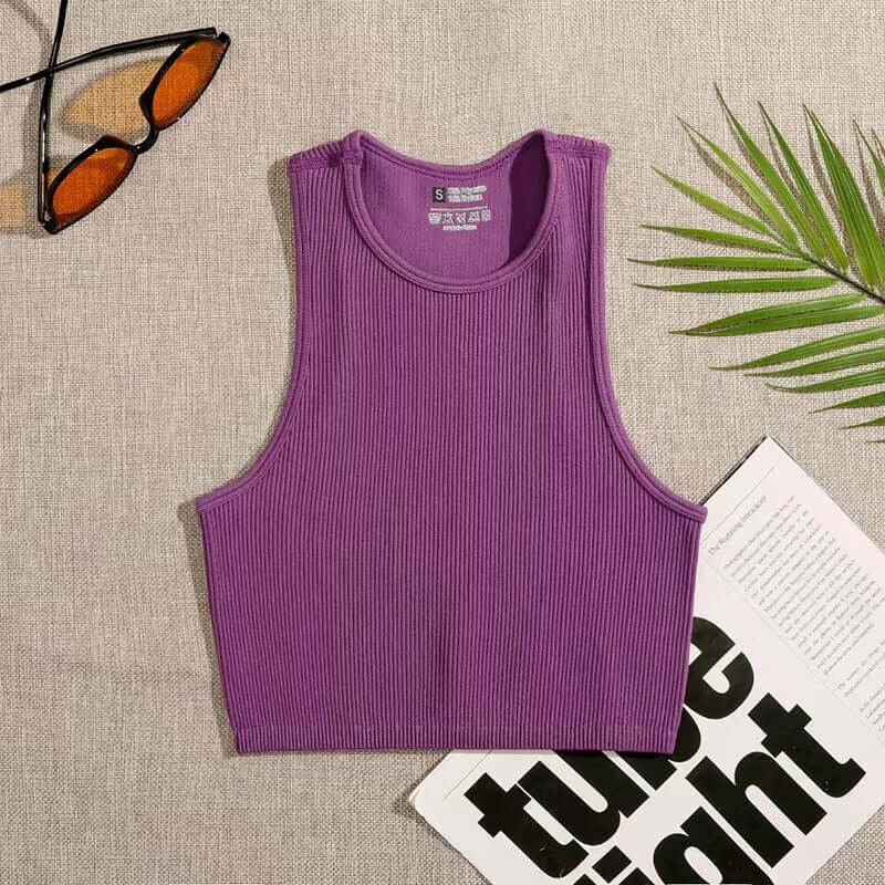 Black Sleeveless Sports Vest – Quick-Dry, Lightweight Fit, women's supportive sports bra in purple.