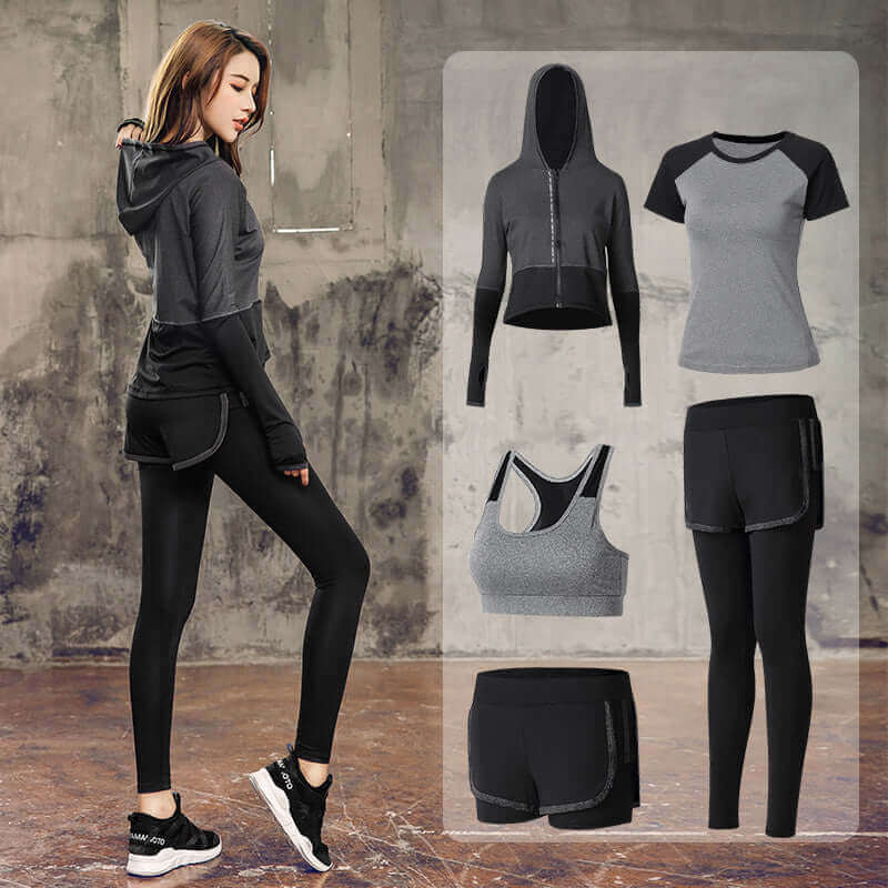 Group of 5-piece black activewear set for women featuring sports bra, tops, jacket, shorts, and leggings.