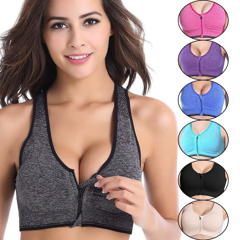 Black Front-Zip Sports Bra – Supportive, Breathable Fit showcased in a model with multiple color options.
