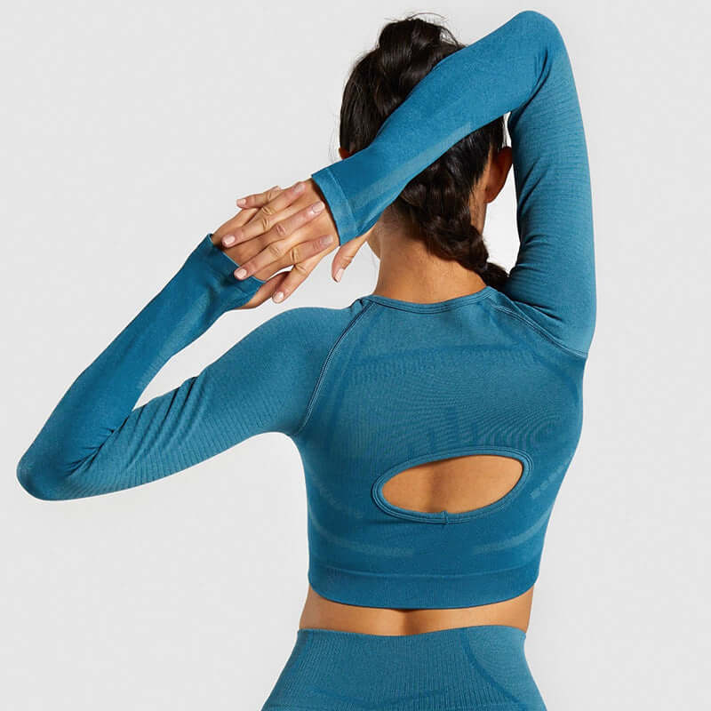Matching Active Set – Seamless Long Sleeve Top & Tights back view showcasing seamless design and cutout detail.