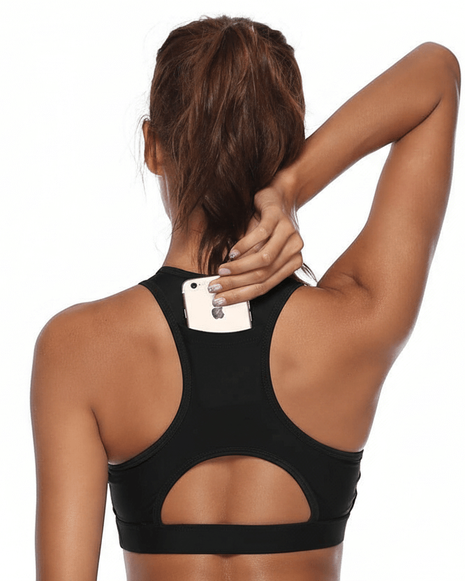 Black Acetate Sports Bra – Soft, Breathable Comfort worn by a model showing the back view.
