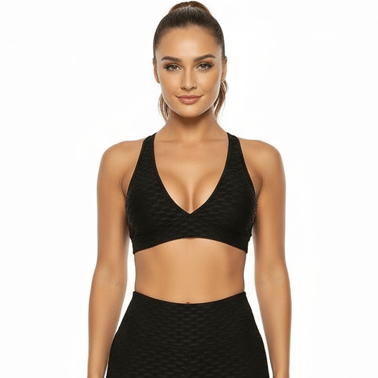 Black Jacquard Sports Bra – Breathable, Stylish Support by Layna Activewear Australia leggings, showcasing a stylish look and texture.
