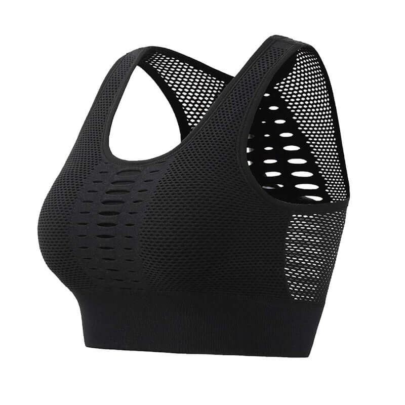 Black Mesh Sports Bra – Breathable, Lightweight Support with stylish mesh design for all-day comfort and support.
