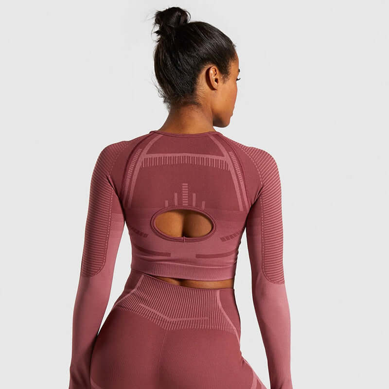 Matching Active Set – Seamless Long Sleeve Top & Tights in burgundy with back cutout design.