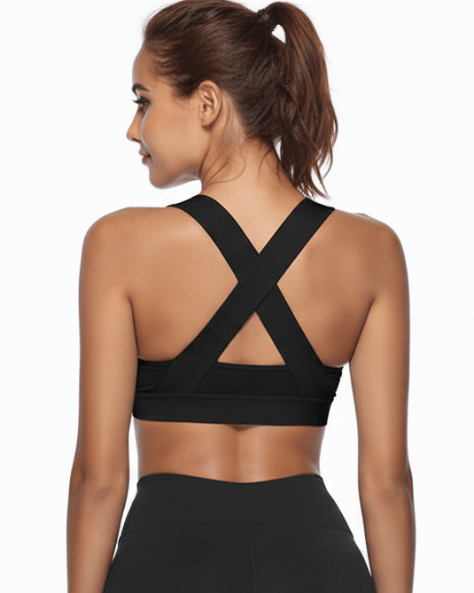 Black Wideband V-Neck Sports Bra – Slim Fit, Breathable Support, featuring crisscross back design for added style and support.