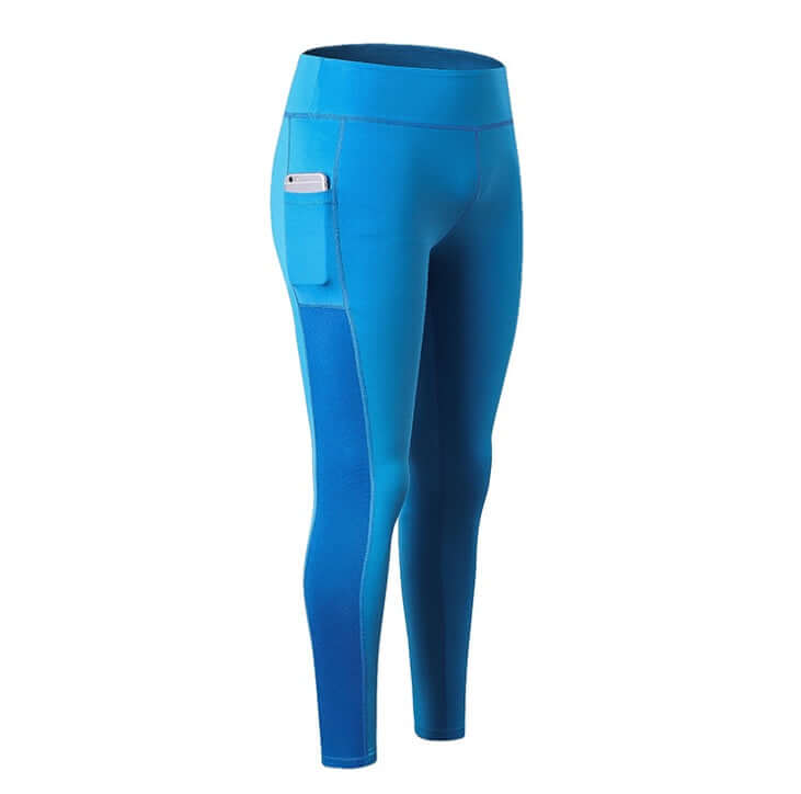 High-waisted seamless yoga pants for women in blue, featuring a side pocket for essentials.