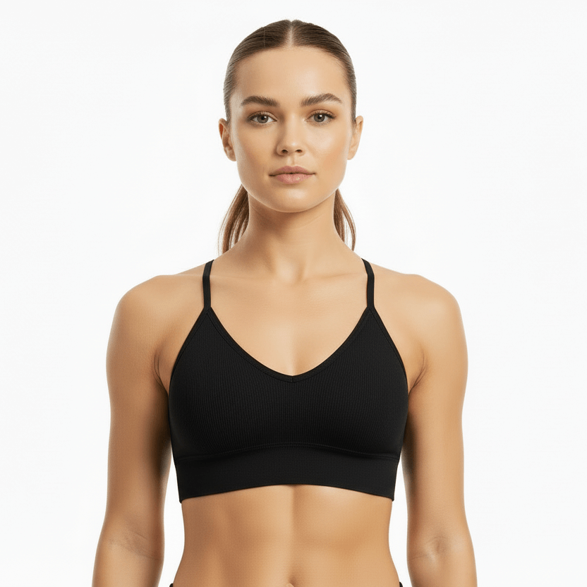 Women's Sports Bra – Breathable Nylon Support in black, designed for lightweight everyday comfort and support.