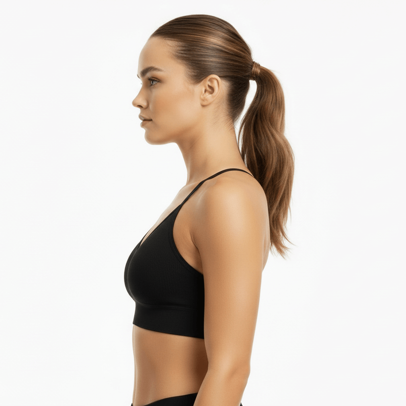 Women's Sports Bra – Breathable Nylon Support showing side profile in black for comfort during workouts.