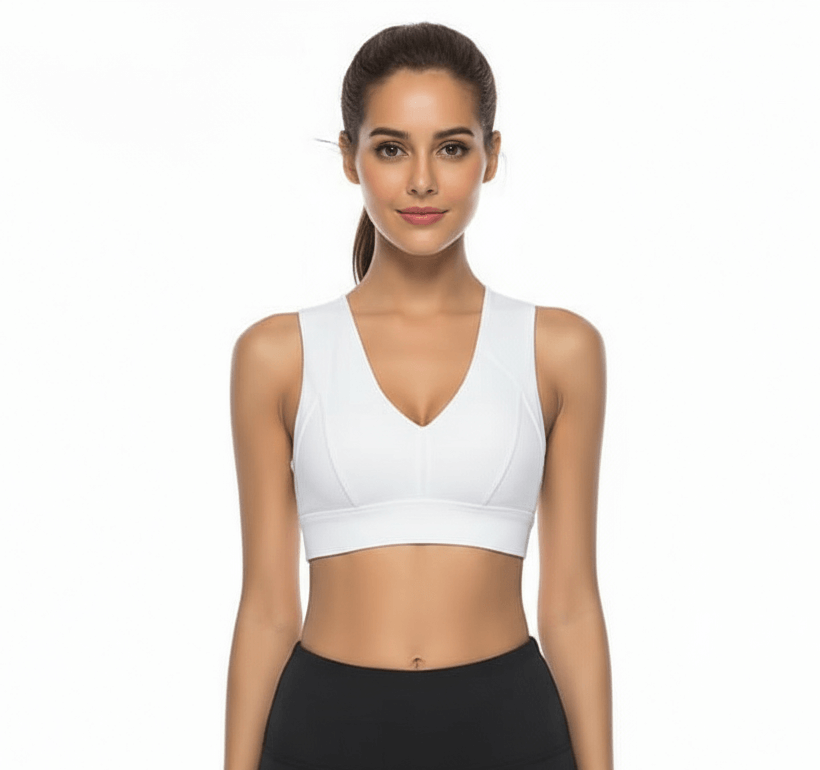 No-Bounce Sports Bra – Shockproof & Supportive worn by a woman, showcasing its breathable design and flexible fit.