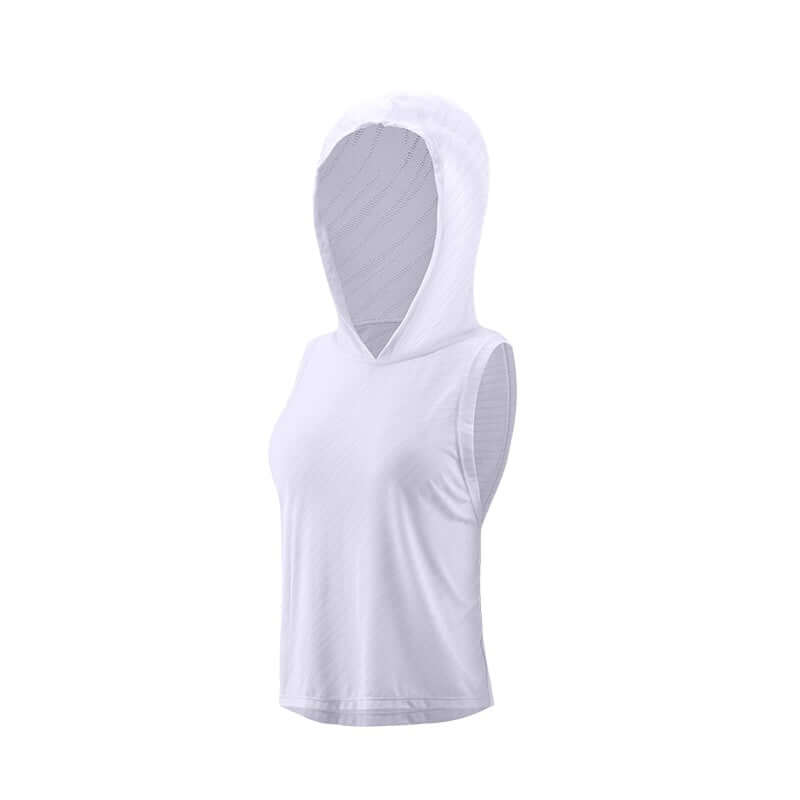 Sleeveless Hooded Workout Vest – Lightweight & Quick-Dry in white, featuring a breathable design and relaxed fit.