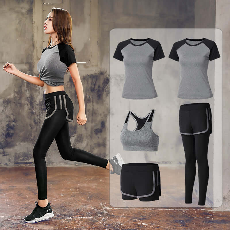 Woman running in black activewear set, featuring sports bra, fitted shorts, and leggings with tops displayed.