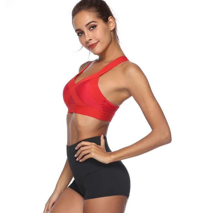 Black Wideband V-Neck Sports Bra – Slim Fit, Breathable Support model wearing a sporty outfit