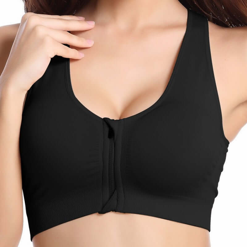Black Front-Zip Sports Bra – Supportive, Breathable Fit by Layna premium activewear, featuring a front zipper closure.