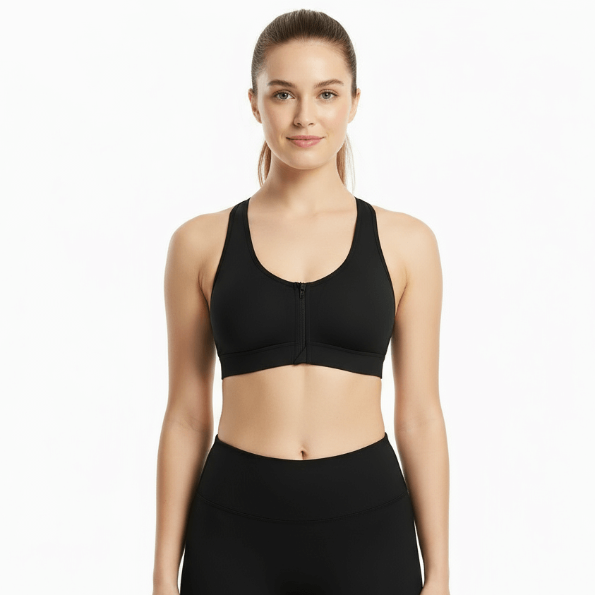 Black Front-Zip Sports Bra – Supportive, Breathable Fit shown on model, perfect for workouts and everyday use.