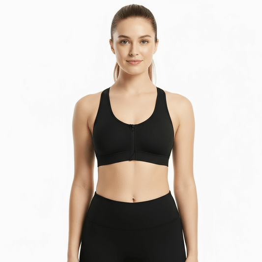 Black Front-Zip Sports Bra – Supportive, Breathable Fit shown on model, perfect for workouts and everyday use.