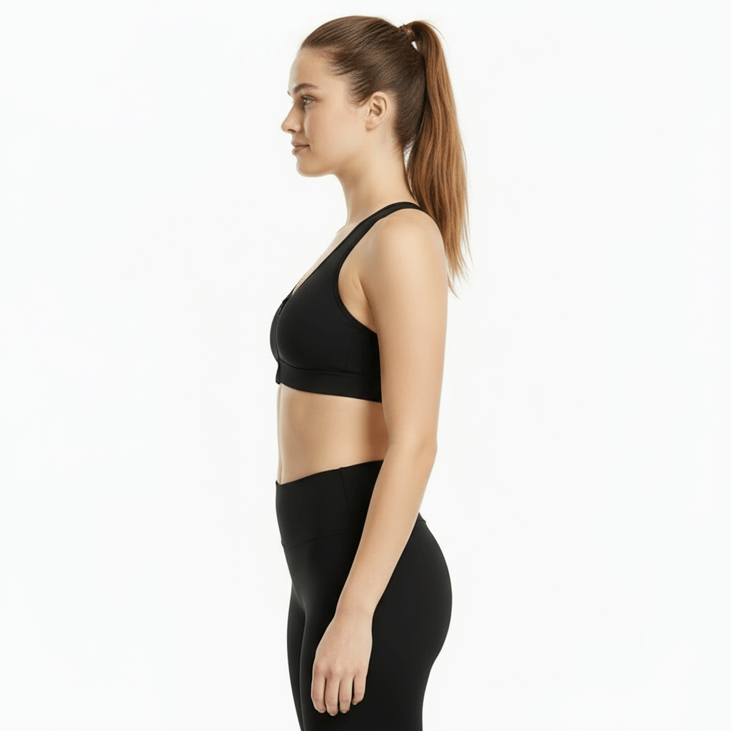 Black Front-Zip Sports Bra – Supportive, Breathable Fit worn with Layna Active leggings, side view.