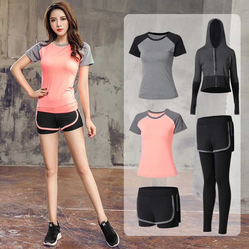 5-piece women’s activewear set including sports bra, tops, shorts, and leggings in black and pink.